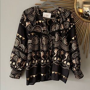 Kasia Black and Gold Puff Sleeve Button Front Blouse